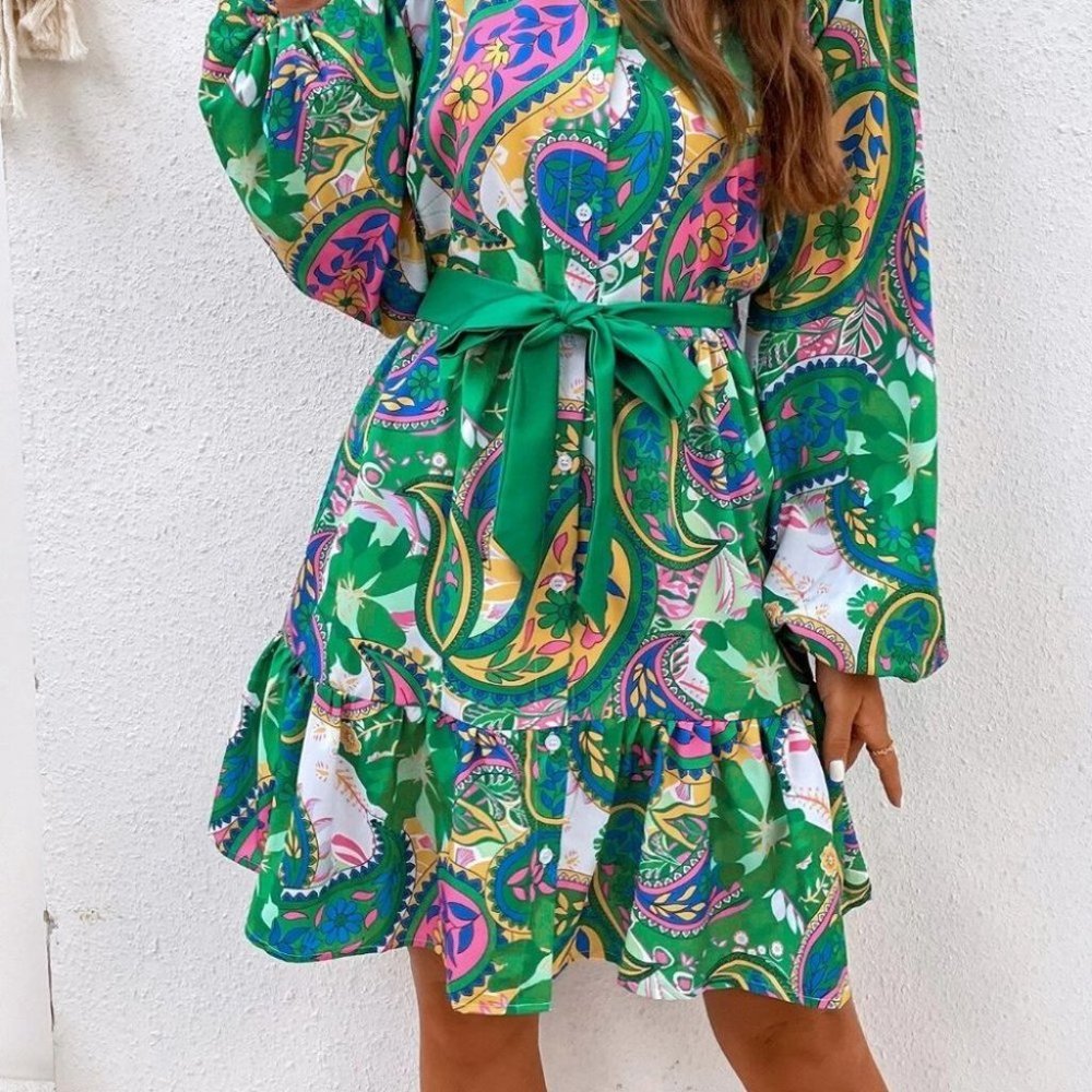 Boho latern sleeve Paisley Print mini Dress green - Picture 4 of 5